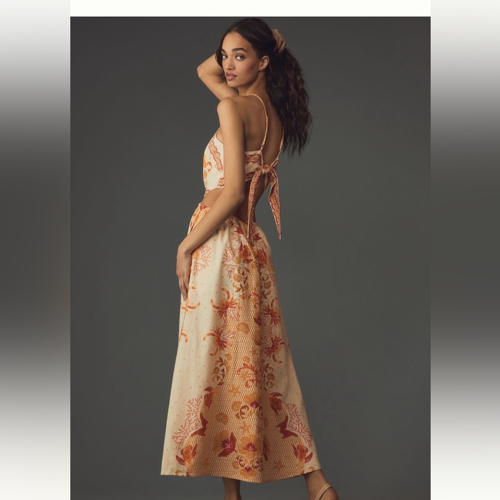Farm Rio Halter Cutout Dress Anthropologie Scarf Beach Starfish Peach XL NWT - Picture 2 of 8